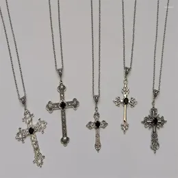 Pendant Necklaces Large Detailed Cross Drill Jewel Necklace Silver Color Tone Goth Punk Jewellery Fashion Charm Statement Women Gift Black