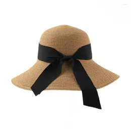 Wide Brim Hats Women Cap Beach Hat Hepburn Style Bucket Summer Retro Design Travel Sunscreen Straw Sunshade Fisherman Bow Sun