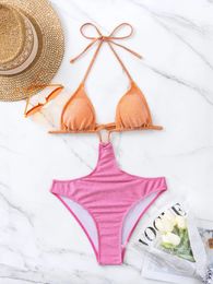 Women's Swimwear Sexy Glitter Hollow Pink Orange Colour Block Swimsuit One Piece Bikinis Bodysuits Thong Bathing Suit Biquini