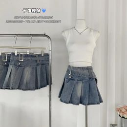 Skirts Denim Women Fashion Y2k Sweet Belt Blue Design Streetwear Holiday Teenagers Folds Ins Summer Chic Faldas Mini