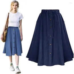 Skirts Preppy Style Solid A-line Denim Skirt All-Match Casual Loose High Elastic Waist Vestido Korean Fashion Midi