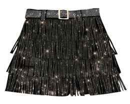 Skirts Heavy Drilling Rhines Fringed Skirt With Belt Women's High Waist Multi Layer Short Cake S6671150490