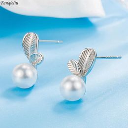 Stud Earrings Fanqieliu Stamp 925 Silver Needle Leaf Pearl For Woman Jewellery Girl Gift Trendy FQL22056