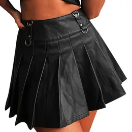 Skirts Women Faux Leather High Waist Elastic Mini Short Pleated Skirt Nightclub Workwear Metal Bandage Black Sexy A Line