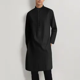 Ethnic Clothing Mens Summer Muslim Robe Middle Eastern Arab Dubai Islam Solid Colour Long Sleeve V Neck Button Design Prayer