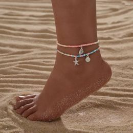 Anklets 2-piece Set Of Bohemian Style Colourful Rice Bead Conch Shell Tassel Pendant With Stacked Women's Ankles