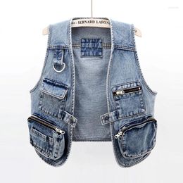 Women's Vests Vintage Blue V Neck Big Pocket Denim Vest Women Waistcoat Casual Cowboy Sleeveless Jacket Korean Slim Short Jeans Female