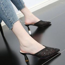 Slippers 2024 Spring Fashion Sequin Women Pointed Toe Slip On Ladies Mules Thin Low Heel Outdoor Dress Sandals Shoes WSH5077