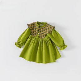 Spring and Autumn Korean version of girls' avocado green floral large lapel dress little children's skirt