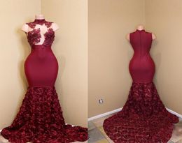 Exquisite Burgundy Mermaid Prom Dress 2018 High Neck Sheer Applique Lace Top Handmade Flower Bottom Zipper Back Long Train Evening5997657