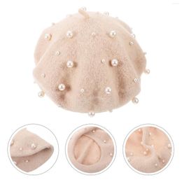 Berets Women's Pearl Beret Luxury With Rhinestones Beaded Rivet Wool Free Size (Beige)