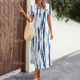 Womens Dresses Striped Print Summer Elegant Midi Dresses Vacation Feamle Short Sleeve Dress Fashion Oversized Clothes 240429