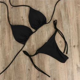 Hanging Neck Tie Bikini Set Solid Color Sexy Swimsuit with Chest Pad Milk Silk Womens Split Strap