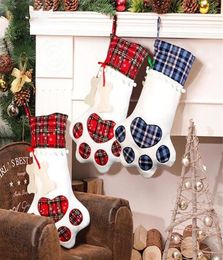 Paw Christmas Stockings Gift Bag Dog Bone Paws Shape Plaid Hanging Stocks Xmas Pendant Decoration Gifts CandyBag WLL10195764484