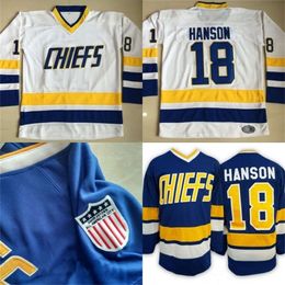 Kob #18 Jeff Hanson Charlestown Jersey Mens Hanson Brother Slap Shot 100% Stitched Embroidery Movie Hockey Jerseys Blue White