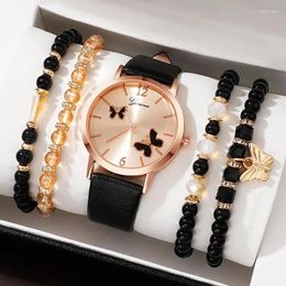 Wristwatches 5PCS Women Design Watches Black Leather Strap Casual Dress Analog Quartz Butterfly Dial Clock