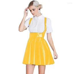 Skirts Fashionable Women Leather PVC Mini Suspender Skirt Solid Color Sleeveless Low Cut Sling 2024 Sweet A-line Strap