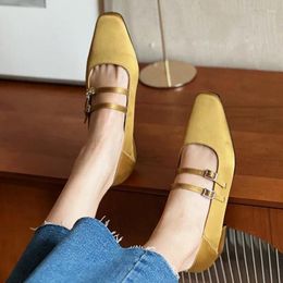 Dress Shoes Women's Mary Jane Double Buckle Pumps Vintage Mid Heels Square Toe Yellow Leather Zapatos Mujer 1829N