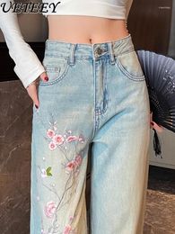 Women's Jeans Chinese Retro Embroidered Printed Women Spring Summer High Waist Drape Wide Leg Loose Straight Baggy Pants Pantalones