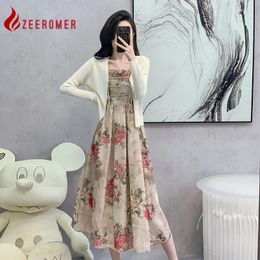 Work Dresses 2024 Spring/Summer Chinese Style Temperament Oil Painting Print Sling Pleated A-line Dress Knit Cardigan Coat 2 Pieces Set