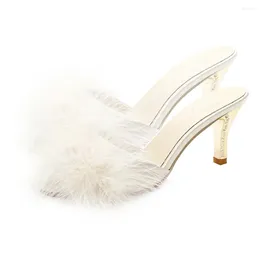 Sandals Holibanna Womens Feather High Heel Faux Heeled Slipper Nonslip Summer Chic Lady Slippers White Beige Size 7.