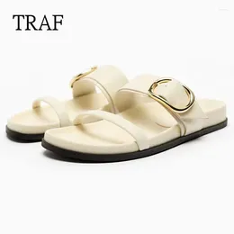 Sandals TRAF White Flat Women 2024 Summer Slippers Open Toe Casual Metal Buckled Beach Shoes