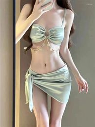 Women's Swimwear Luxury Fashion Three-piece Women Bikini Chest Buckle Pendant Design Slimming Swimsuit High Sense Beach Party Sexy Female