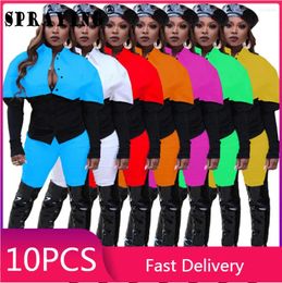 Women's Two Piece Pants 10sets Wholesale Items Fall Clothes For Women Set Long Sleeve Blouse Fashion Color Block Patchwork Legging S10458