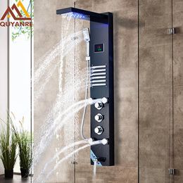 Black LED Shower Panel Rain Waterfall Shower Temperature Screen Massage SPA Jet Three Handles Mixer Tap Sink Faucet Set3289024