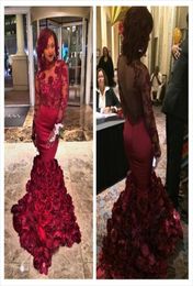 Romantic Red Evening Dress Mermaid With Rose Floral Ruffles Sheer Prom Gown With Applique Long Sleeve Prom Dresses With Bra Sweep 1066374