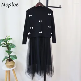 Work Dresses Neploe 2024 Autumn O-neck Bow Sweaters Vest Long Sleeve Slim Waist Mesh Knitted Dress For Women Y2k Two Piece Sets