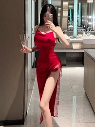 Casual Dresses Sexy Playful Lingerie Pure Desire Girl Lace Split Tight Tank Mini Dress Elegant Fashion Korean Women S867