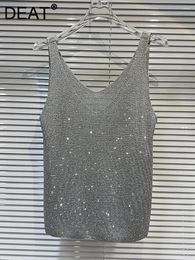 Women's Tanks Short Tank Tops Slim Stretch Full Diamonds Rhinestone Sleeveless V-neck Knit 2024 Summer Fashion 29L7327