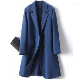 Women's Suits Blue Long Style Blazers Solid Double Breasted Full Sleeve Elegant Streetwear In Outerwears Coat Woman Clothing