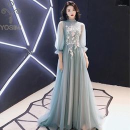 Casual Dresses YOSIMI-Light Blue Mesh Flower Embroidery Full Dress For Women A-line Ball Gown Wedding Birthday Party 2024 Summer