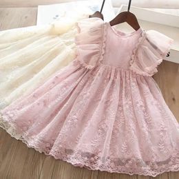 Girl Dresses Girls Summer Lace Flying Sleeves Solid Dress Kids For 2024 Children Birthday Party Clothes Ruffles Casual Wear