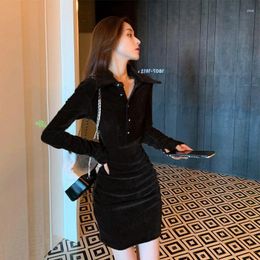 Casual Dresses Black Long Sleeve Dress Women Pullover Slim Tight Sexy Hip Skirt Solid Color Simple KoreanFashion Sweet Gothic