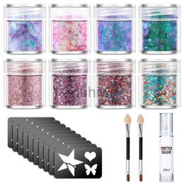 Body Glitter 21pcs Face Body Eye Painted Glitter Tattoo Skin Glue Skin Glue Party Waterproof Glitter Tattoo Stencil Drawing Makeup Brush Set d240503