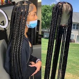 Synthetic Large Box Braided Wigs Jumbo Knotless Full Lace Front Wigs For Black Women Jumbo Tribal Braids Faux Locs Cornrows Wig 240429