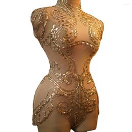Stage Wear Sparkly Gold Rhinestones Bodysuit For Women Sexy Mesh See Through Dance Outfit Performance Costume Singer Dancer Show
