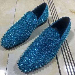 Casual Shoes Glittering Full Rivets Men Loafers Solid Slip On Flat Spikes Blue Glitter Outside Party Evening