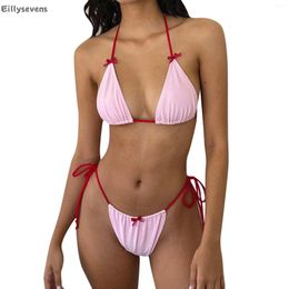 Women's Swimwear Sexy Lingerie Set Split Style Bras Solid Colour Swimsuit Bow Tie 2 Piece Beach Sunbathing Bikini