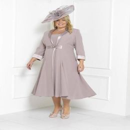 Tea Length A Line 2019 Plus Size Mother of the Bride Dresses with Long Sleeves Jacket Evening Party Gowns4048750