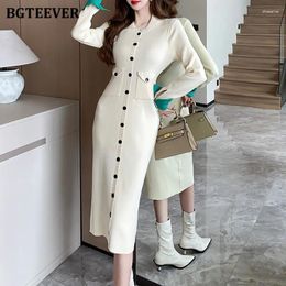Casual Dresses BGTEEVER Fashion Long Sleeve Female Single-breasted Bodycon Sweaters Dress Autumn Winter Slim Ladies Knitted Package Hip