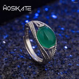 Cluster Rings WOSIKATE Vintage Green Agate Fashion Ring For Women 925 Sterling Silver Jewellery Open Size Finger