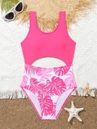 Women's Swimwear One Piece Girls Kids Swimsuit 2024 Pink Print Sling Bikinis Set Children Summer Hollow Out Beach Wear Bathing Suit