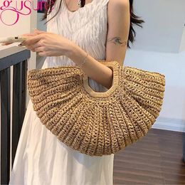 Gusure Bohemia Rattan Large Capacity Shopper Tote Bag Moon Designer Wicker Woven Handbag Summer Beach Straw Shoulder 240423