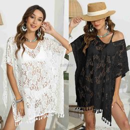 Women Beach Wear Sexy Lace Beachwear for Women Summer Tunic White Tassel Beach Dress Summer Outfit Tunic Bikini Cover Up Black Split Cover Ups d240501