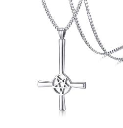 Large Silver Inverted Cross Occult Pentagram Necklace in Stainless Steel Satanic Gothic Satan Jewelry8900578