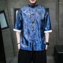 Men's Casual Shirts Chinese Style Mens Tops Tang Suit Ice Silk Half Sleeve Solid Traditional Shirt China Hanfu Big Size Loose